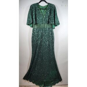 Mac Duggal Dress Womens Size 12 Green Sequin Gown Evening Formal‎ Cape Sleeve